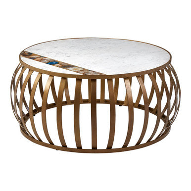 Semi-Precious Agate & White Marble Top Round Coffee Table With Brass Iron Base, Vizzini