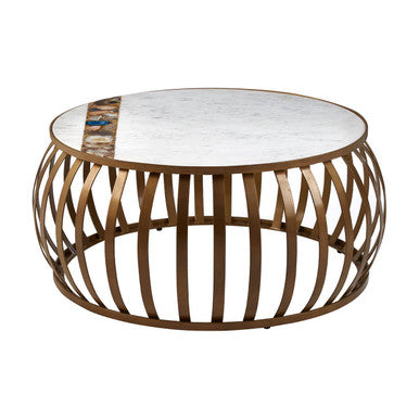 Semi-Precious Agate & White Marble Top Round Coffee Table With Brass Iron Base, Vizzini