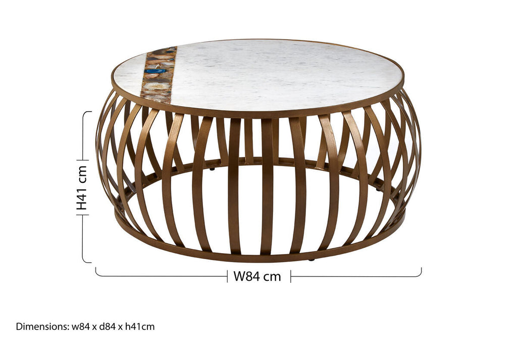 Semi-Precious Agate & White Marble Top Round Coffee Table With Brass Iron Base, Vizzini