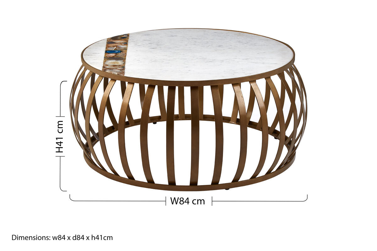 Semi-Precious Agate & White Marble Top Round Coffee Table With Brass Iron Base, Vizzini