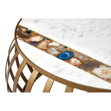 Semi-Precious Agate & White Marble Top Round Coffee Table With Brass Iron Base, Vizzini