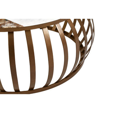 Semi-Precious Agate & White Marble Top Round Coffee Table With Brass Iron Base, Vizzini