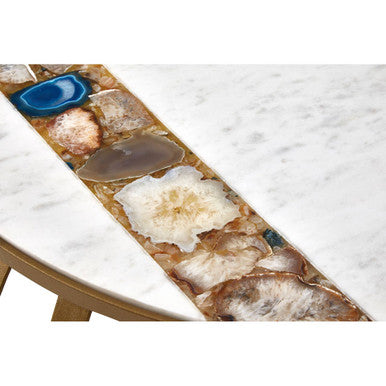 Semi-Precious Agate & White Marble Top Round Coffee Table With Brass Iron Base, Vizzini