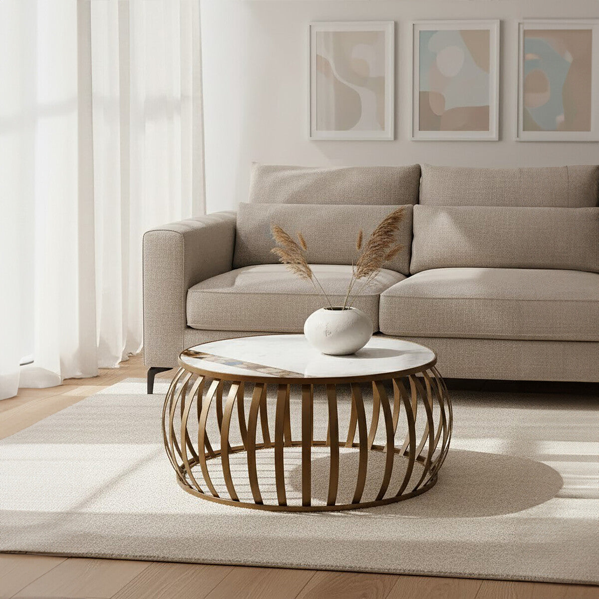 Semi-Precious Agate & White Marble Top Round Coffee Table With Brass Iron Base, Vizzini