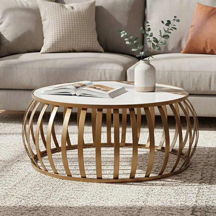 Semi-Precious Agate & White Marble Top Round Coffee Table With Brass Iron Base, Vizzini