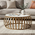 Semi-Precious Agate & White Marble Top Round Coffee Table With Brass Iron Base, Vizzini
