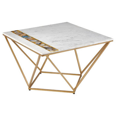 White Marble Top Square Coffee Table With Semi Precious Agate Stone Inlay, Vizzini