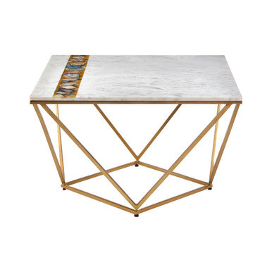 White Marble Top Square Coffee Table With Semi Precious Agate Stone Inlay, Vizzini