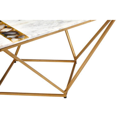 White Marble Top Square Coffee Table With Semi Precious Agate Stone Inlay, Vizzini
