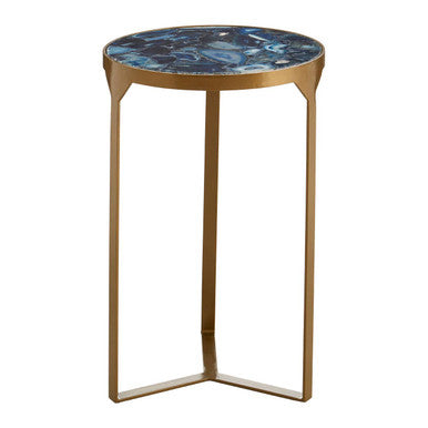 Round Polished Blue Agate Side Table With Gold Intersecting Legs, Vizzini