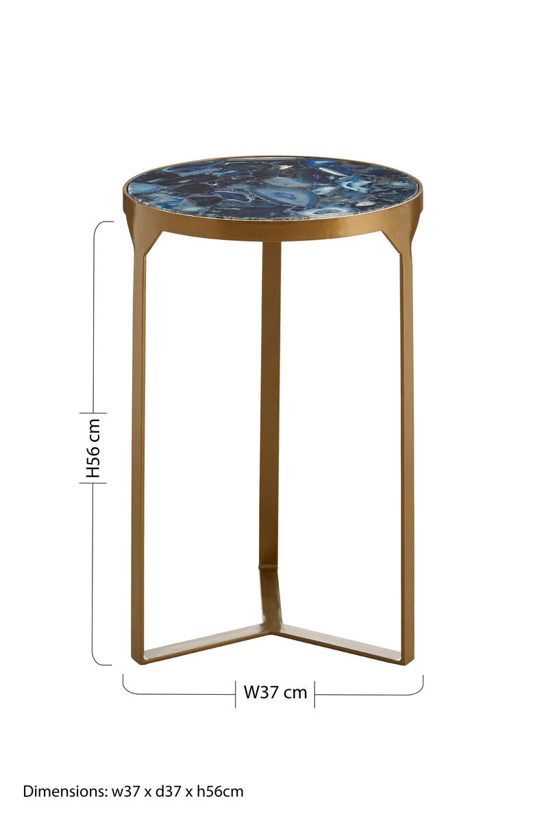 Round Polished Blue Agate Side Table With Gold Intersecting Legs, Vizzini