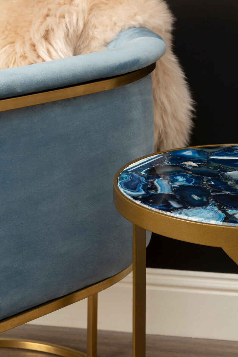 Round Polished Blue Agate Side Table With Gold Intersecting Legs, Vizzini