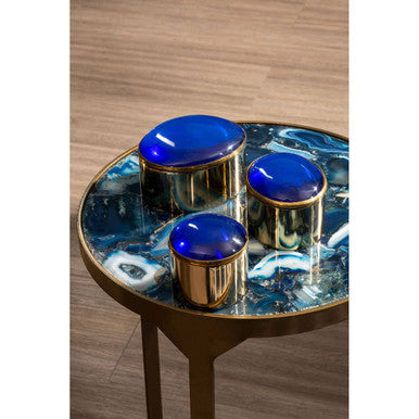 Round Polished Blue Agate Side Table With Gold Intersecting Legs, Vizzini