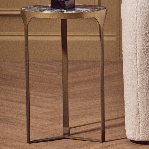 Round Polished Blue Agate Side Table With Gold Intersecting Legs, Vizzini