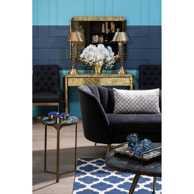 Round Polished Blue Agate Side Table With Gold Intersecting Legs, Vizzini