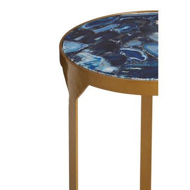 Round Polished Blue Agate Side Table With Gold Intersecting Legs, Vizzini