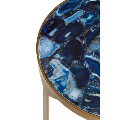 Round Polished Blue Agate Side Table With Gold Intersecting Legs, Vizzini
