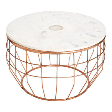 White Marble Top Coffee Table With Agate Inset & Copper Iron Wireframe Base, Vizzini