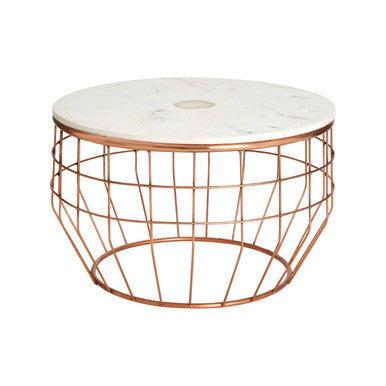 White Marble Top Coffee Table With Agate Inset & Copper Iron Wireframe Base, Vizzini