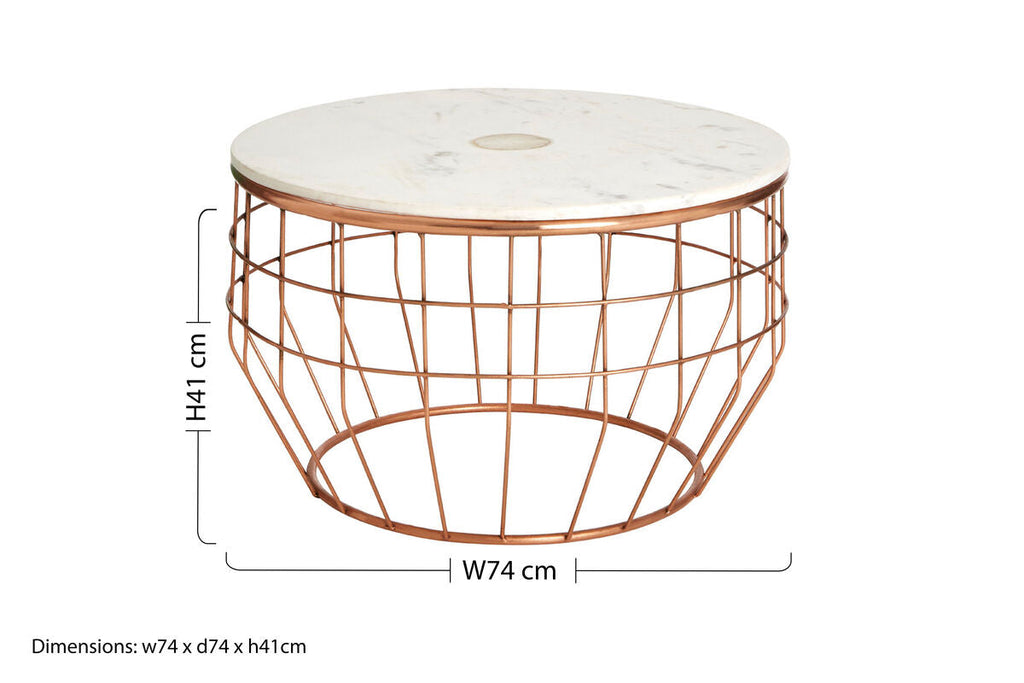 White Marble Top Coffee Table With Agate Inset & Copper Iron Wireframe Base, Vizzini