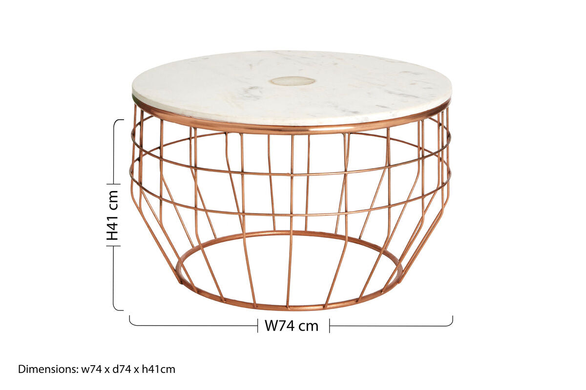 White Marble Top Coffee Table With Agate Inset & Copper Iron Wireframe Base, Vizzini