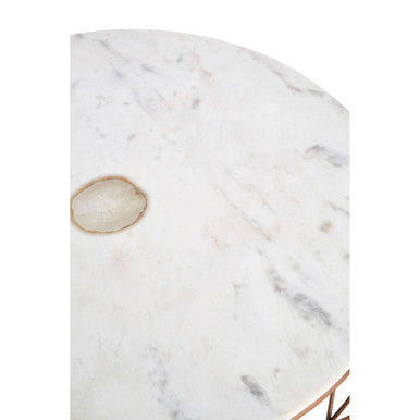 White Marble Top Coffee Table With Agate Inset & Copper Iron Wireframe Base, Vizzini