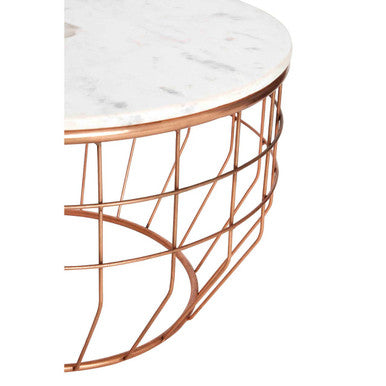 White Marble Top Coffee Table With Agate Inset & Copper Iron Wireframe Base, Vizzini