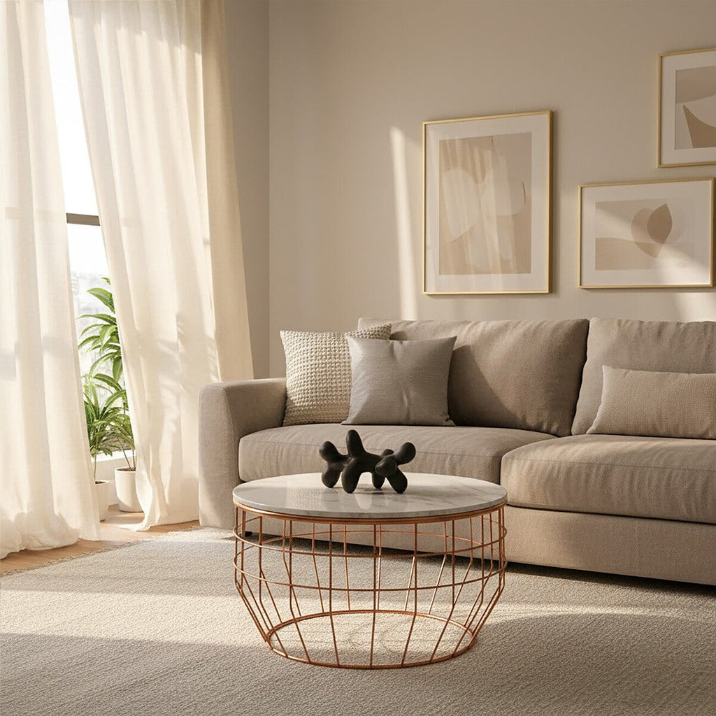 White Marble Top Coffee Table With Agate Inset & Copper Iron Wireframe Base, Vizzini