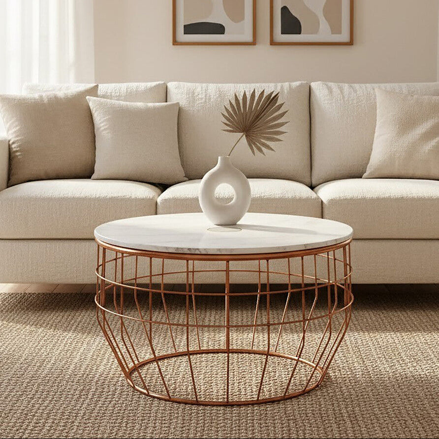 White Marble Top Coffee Table With Agate Inset & Copper Iron Wireframe Base, Vizzini