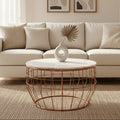 White Marble Top Coffee Table With Agate Inset & Copper Iron Wireframe Base, Vizzini