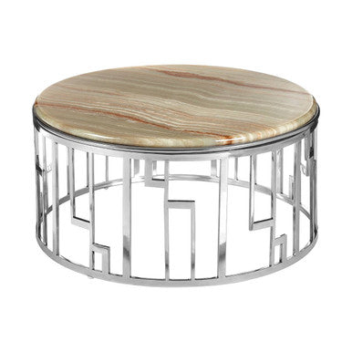 Natural Onyx Stone Top Coffee Table With Silver Stainless Steel Frame, Relic