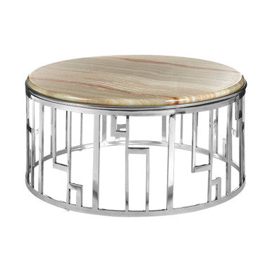 Natural Onyx Stone Top Coffee Table With Silver Stainless Steel Frame, Relic