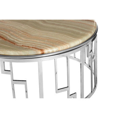 Natural Onyx Stone Top Coffee Table With Silver Stainless Steel Frame, Relic