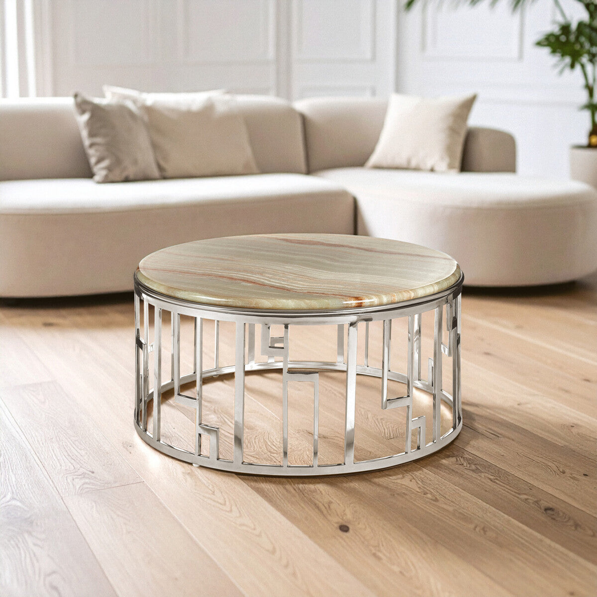Natural Onyx Stone Top Coffee Table With Silver Stainless Steel Frame, Relic