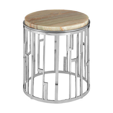 Natural Onyx Stone Top Side Table With Silver Stainless Steel Frame, Relic