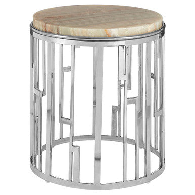 Natural Onyx Stone Top Side Table With Silver Stainless Steel Frame, Relic