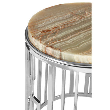Natural Onyx Stone Top Side Table With Silver Stainless Steel Frame, Relic