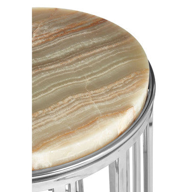 Natural Onyx Stone Top Side Table With Silver Stainless Steel Frame, Relic