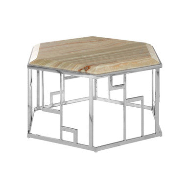 Natural Onyx Stone Top Hexagonal Coffee Table With Wavy Banding & Silver Stainless Steel Frame, Relic