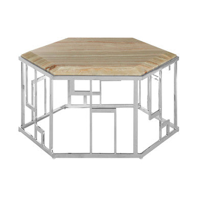 Natural Onyx Stone Top Hexagonal Coffee Table With Wavy Banding & Silver Stainless Steel Frame, Relic