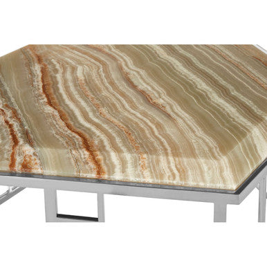 Natural Onyx Stone Top Hexagonal Coffee Table With Wavy Banding & Silver Stainless Steel Frame, Relic