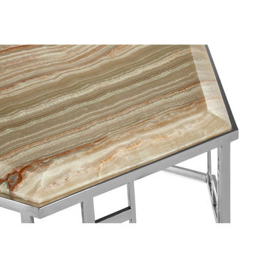 Natural Onyx Stone Top Hexagonal Coffee Table With Wavy Banding & Silver Stainless Steel Frame, Relic