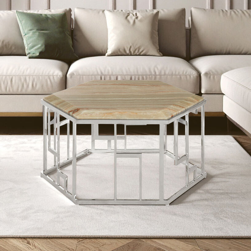 Natural Onyx Stone Top Hexagonal Coffee Table With Wavy Banding & Silver Stainless Steel Frame, Relic