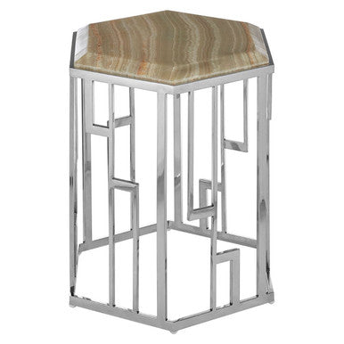 Natural Onyx Stone Top Hexagonal Side Table With Wavy Banding & Silver Stainless Steel Frame, Relic