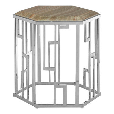 Natural Onyx Stone Top Hexagonal Side Table With Wavy Banding & Silver Stainless Steel Frame, Relic