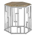 Natural Onyx Stone Top Hexagonal Side Table With Wavy Banding & Silver Stainless Steel Frame, Relic