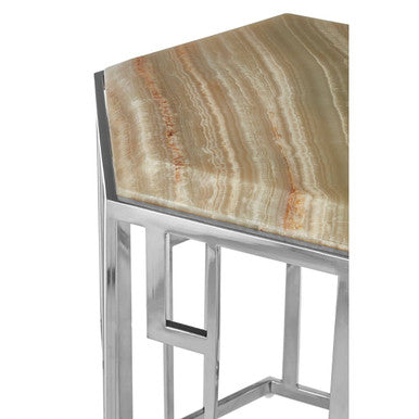 Natural Onyx Stone Top Hexagonal Side Table With Wavy Banding & Silver Stainless Steel Frame, Relic