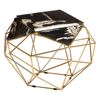 Dark Petrified Wood Top Rectangular Side Table With Gold Brass Tone Iron Base, Relic