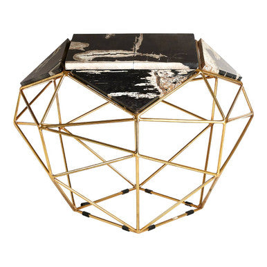 Dark Petrified Wood Top Rectangular Side Table With Gold Brass Tone Iron Base, Relic