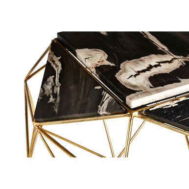 Dark Petrified Wood Top Rectangular Side Table With Gold Brass Tone Iron Base, Relic